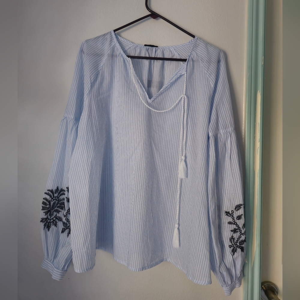 Who What Where Striped Blue Blouse with Black Embroidery size M